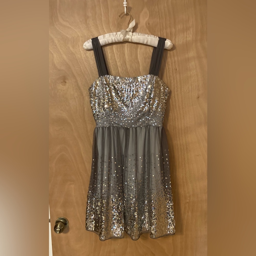 Women’s formal dress, silver/gray with sequins.